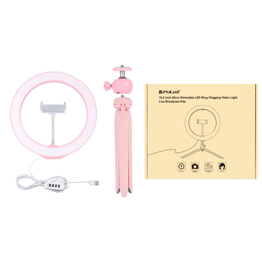 10.2 Selfie Beauty Light with Tripod Mount and Usb 3 Modes Dimmable Led Ring for Vlogging and Photography Cold Shoe Ball Head and Phone Clamp - Pink