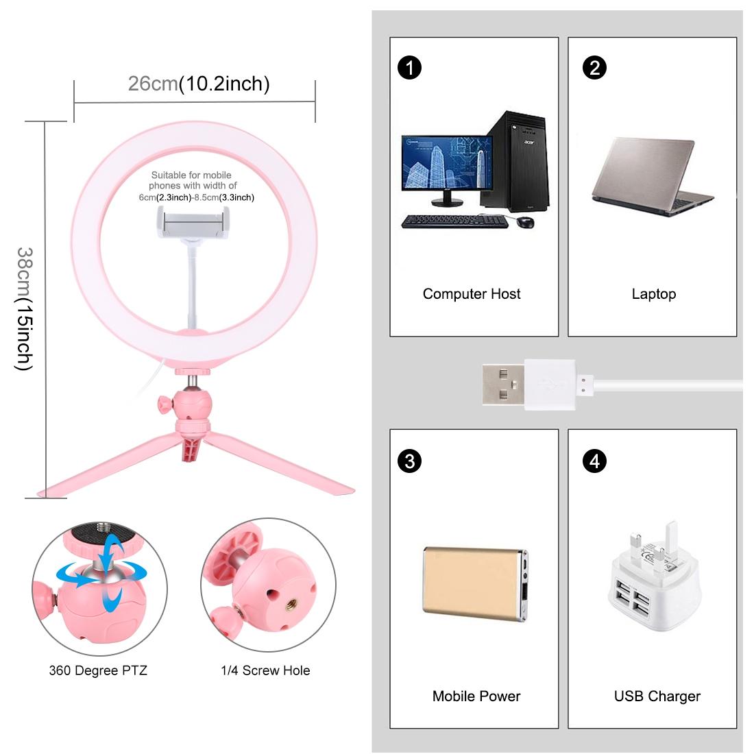 10.2 Selfie Beauty Light with Tripod Mount and Usb 3 Modes Dimmable Led Ring for Vlogging and Photography Cold Shoe Ball Head and Phone Clamp - Pink