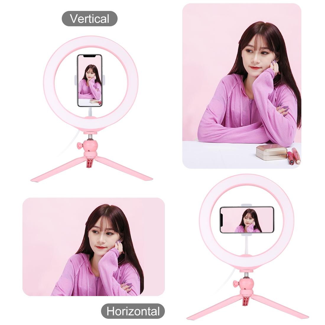 10.2 Selfie Beauty Light with Tripod Mount and Usb 3 Modes Dimmable Led Ring for Vlogging and Photography Cold Shoe Ball Head and Phone Clamp - Pink