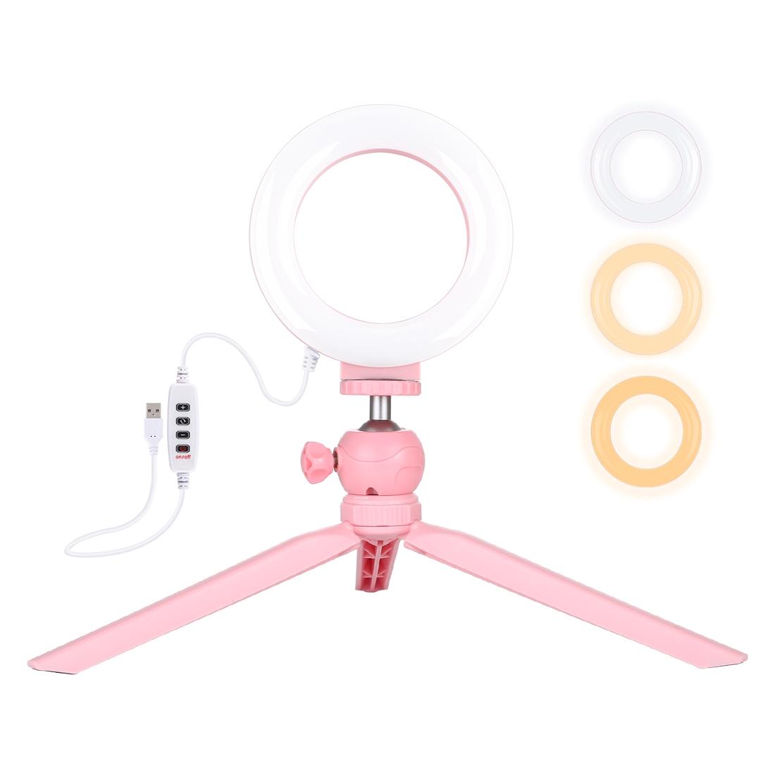 12cm Led Ring Light with Usb 3 Modes Dimmable Cold Shoe Tripod Ball Head - Pink
