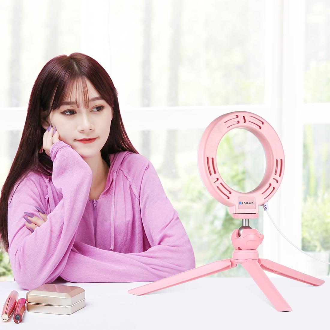 12cm Led Ring Light with Usb 3 Modes Dimmable Cold Shoe Tripod Ball Head - Pink