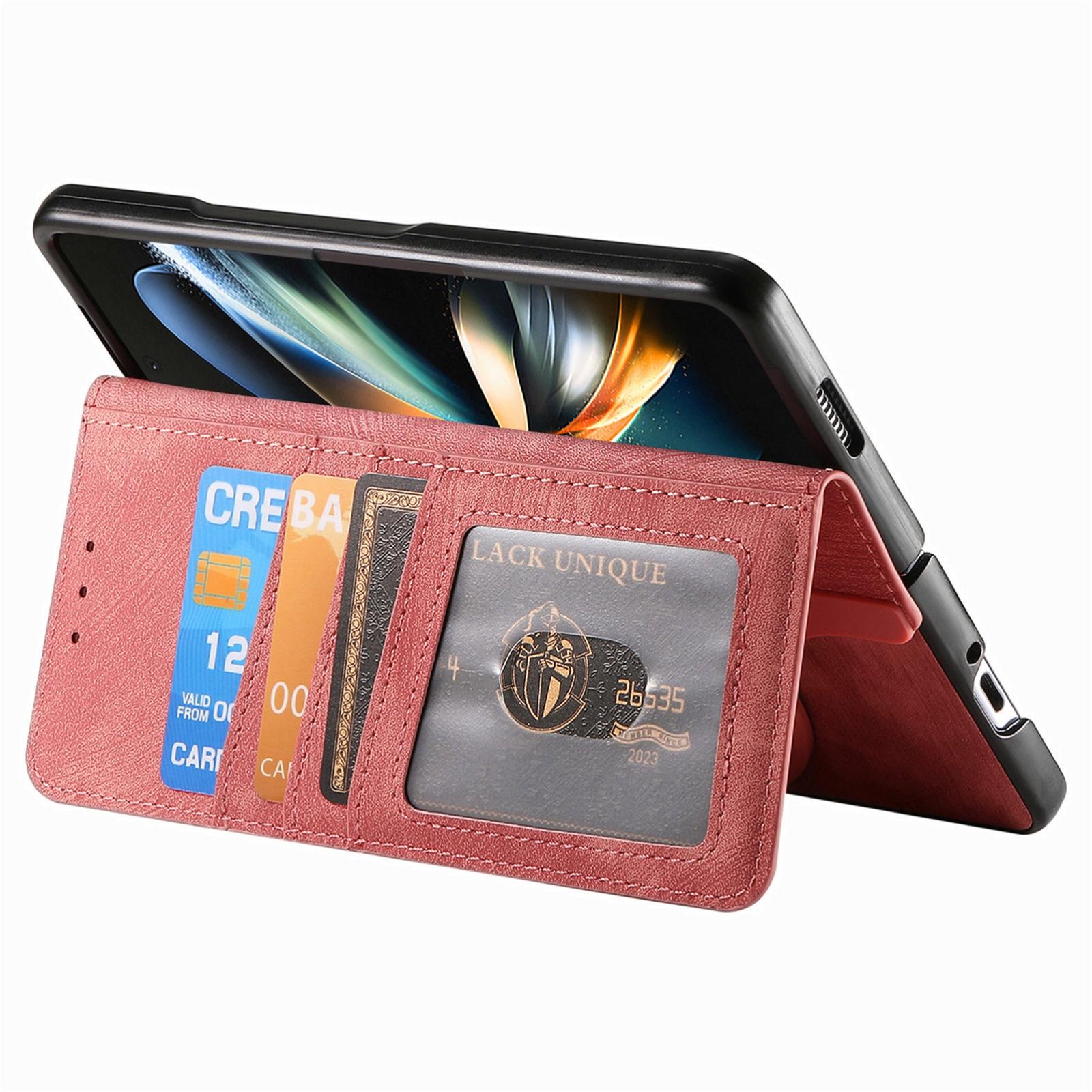 For Samsung Galaxy Z Fold4 5G Vintage Magnetic Wallet Case - Zipper Closure - Pink
