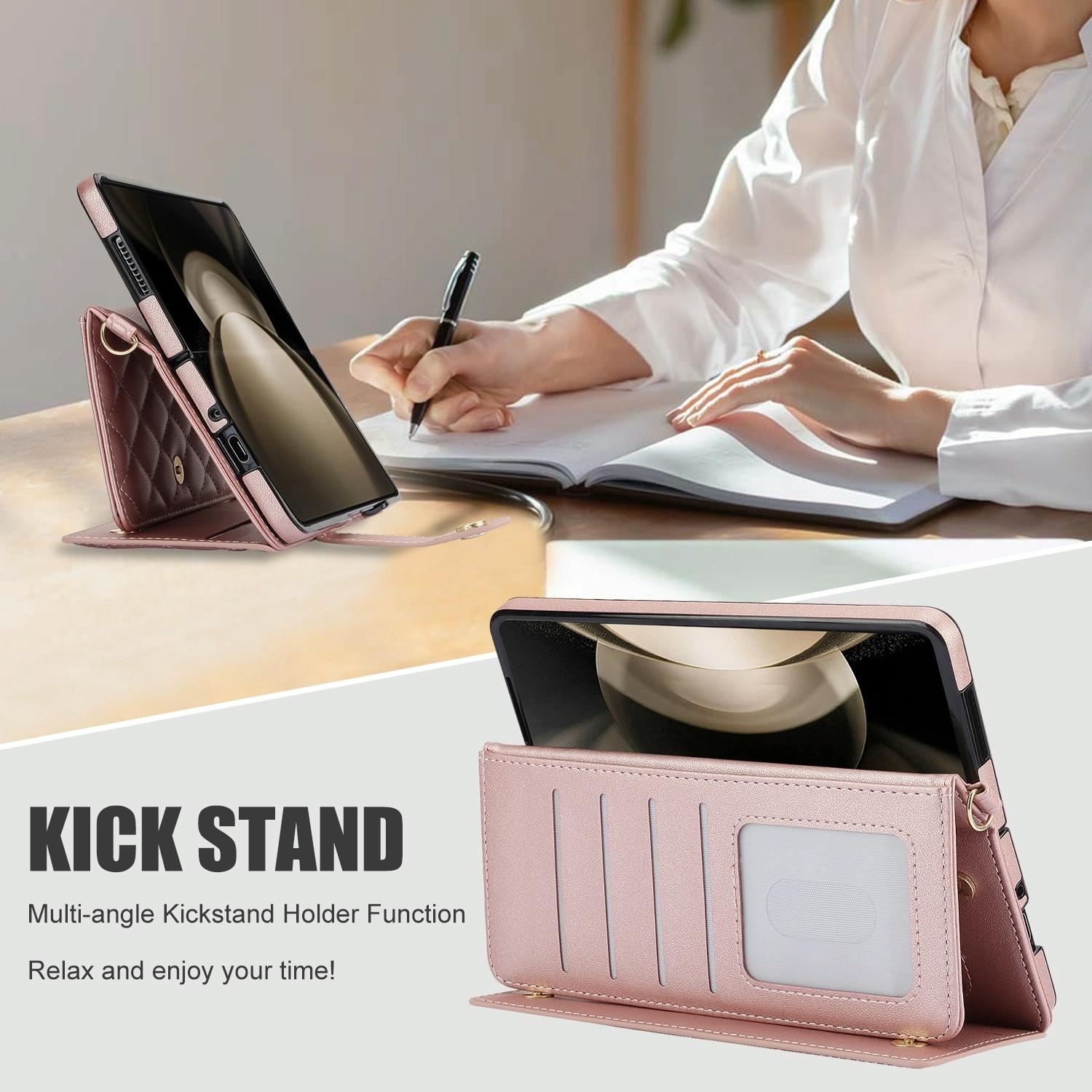 For Samsung Galaxy z Fold4 5G Multifunctional Rhombic Leather Crossbody Phone Case - Brown