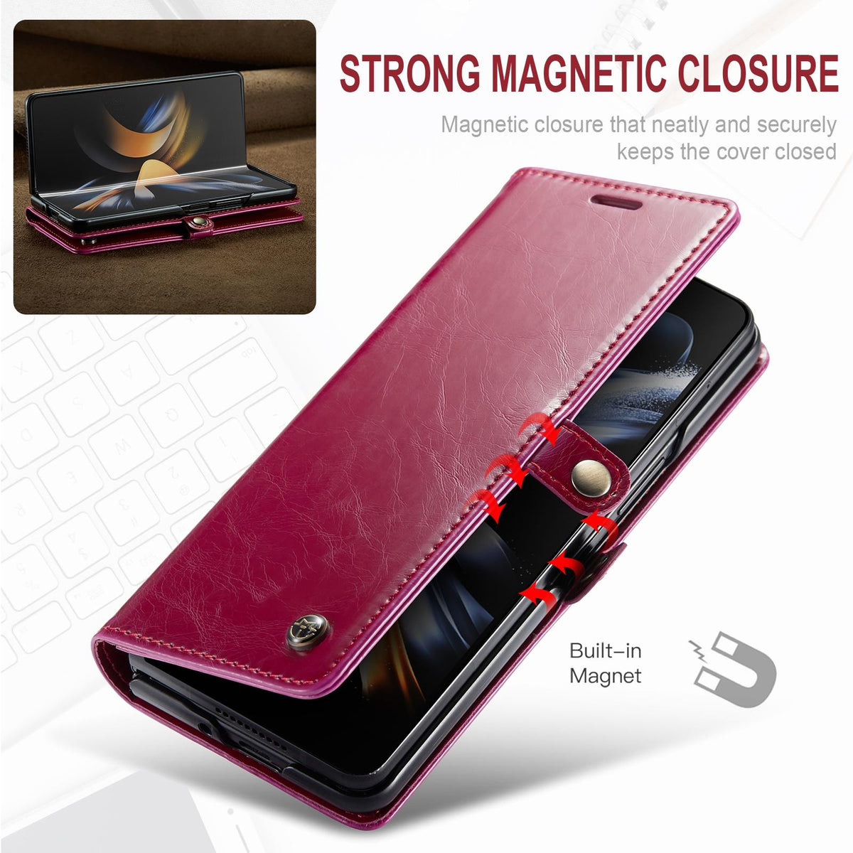 For Samsung Galaxy Z Fold4 5G Premium Crazy Horse Leather Phone Case - Red