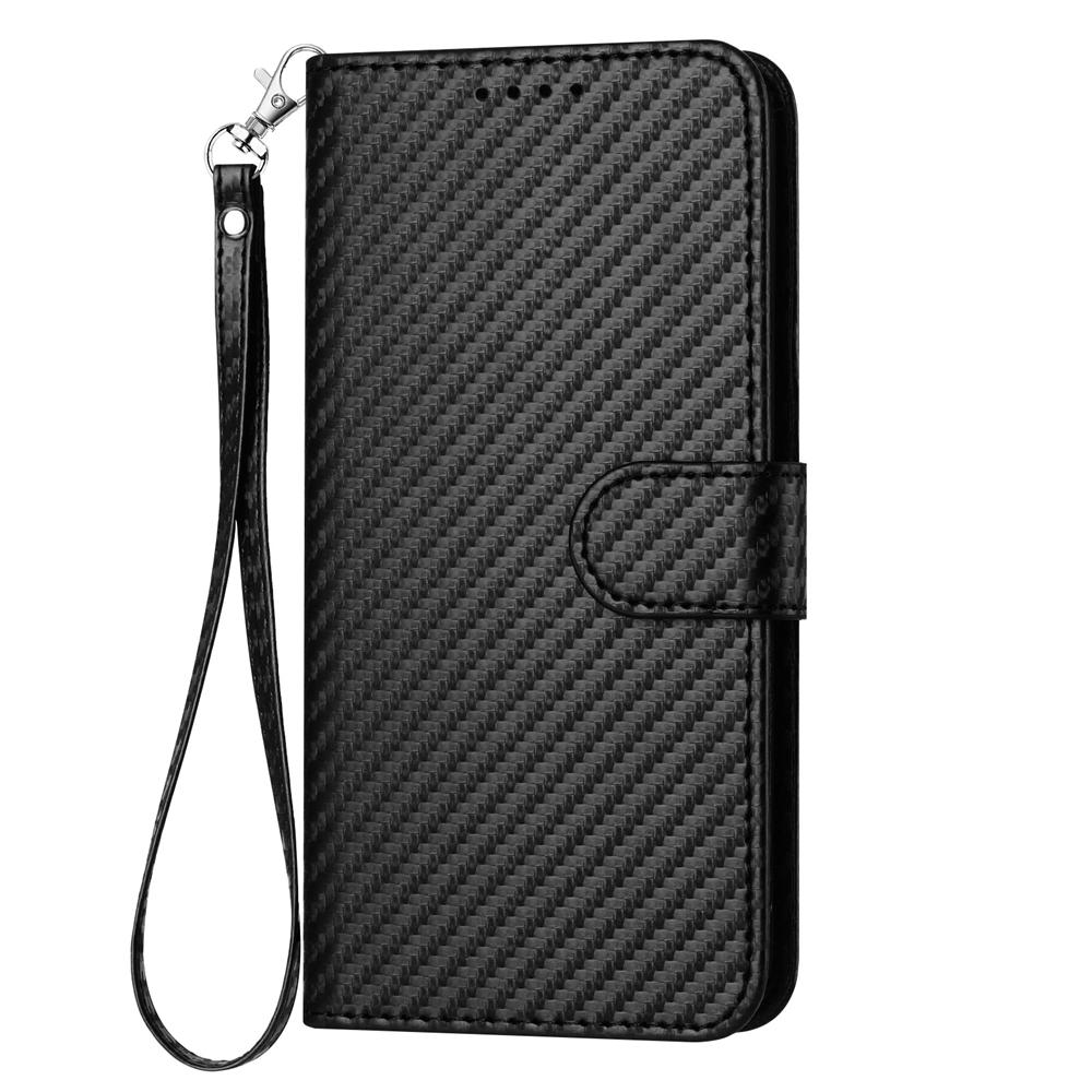 For Samsung Galaxy Z Fold4 5G Carbon Fiber Leather Phone Case With Lanyard - Black