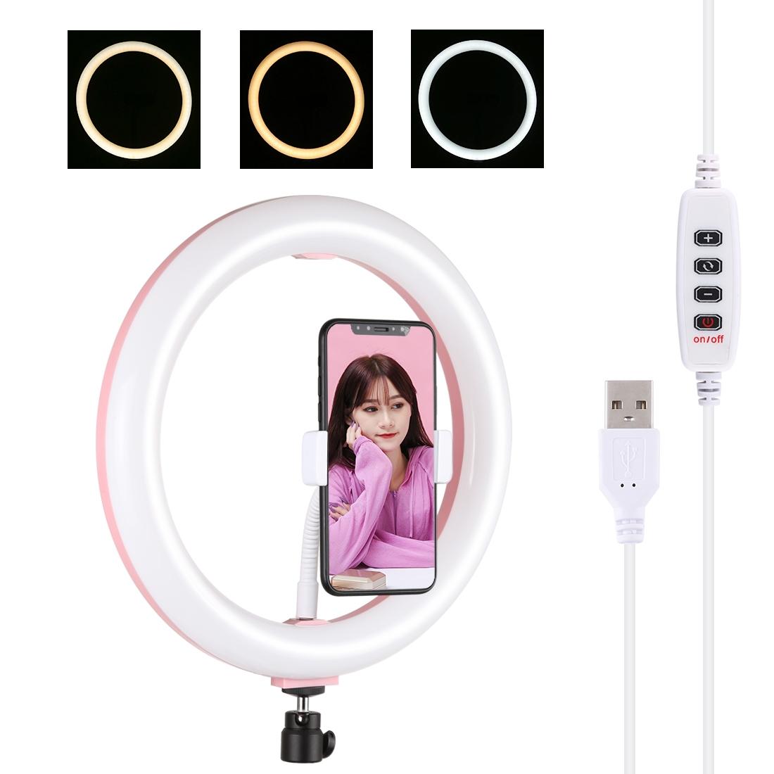 26cm Usb 3 Modes Dimmable Led Ring Light with Phone Clamp - Pink