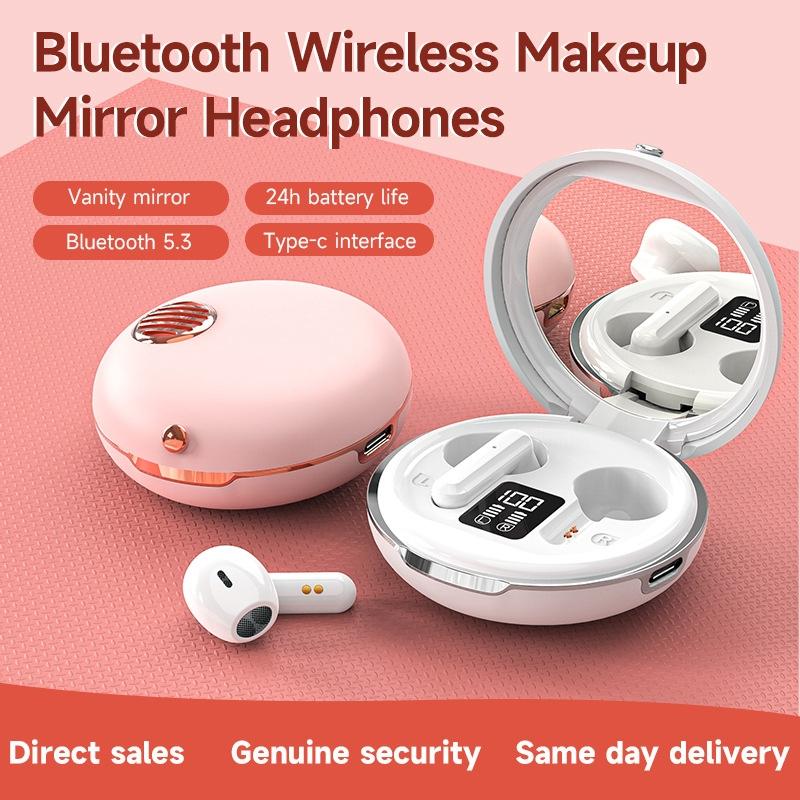 Wireless Hifi Stereo Earphones with Charging Case and Make-up Mirror - Pink
