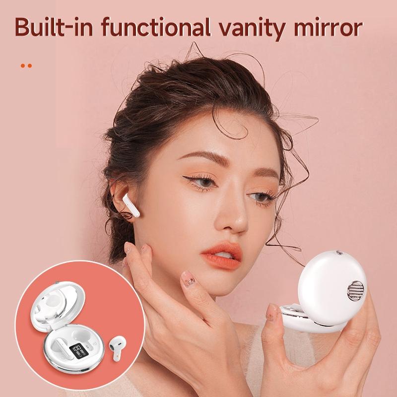 Wireless Hifi Stereo Earphones with Charging Case and Make-up Mirror - Pink