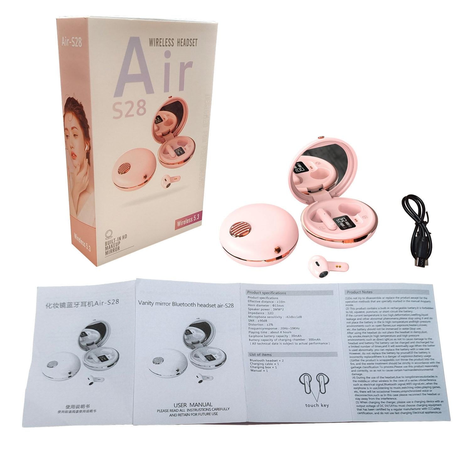 Wireless Hifi Stereo Earphones with Charging Case and Make-up Mirror - Pink