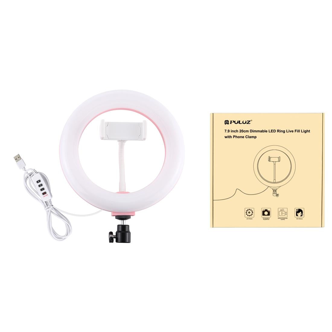 20cm Usb Dual Colour Led Ring Light with Phone Clamp - Pink