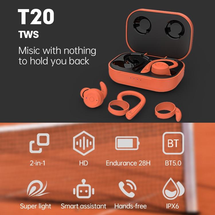 Waterproof T20 Tws Bluetooth Earphones with Charging Box and Noise-cancelling Hooks - White