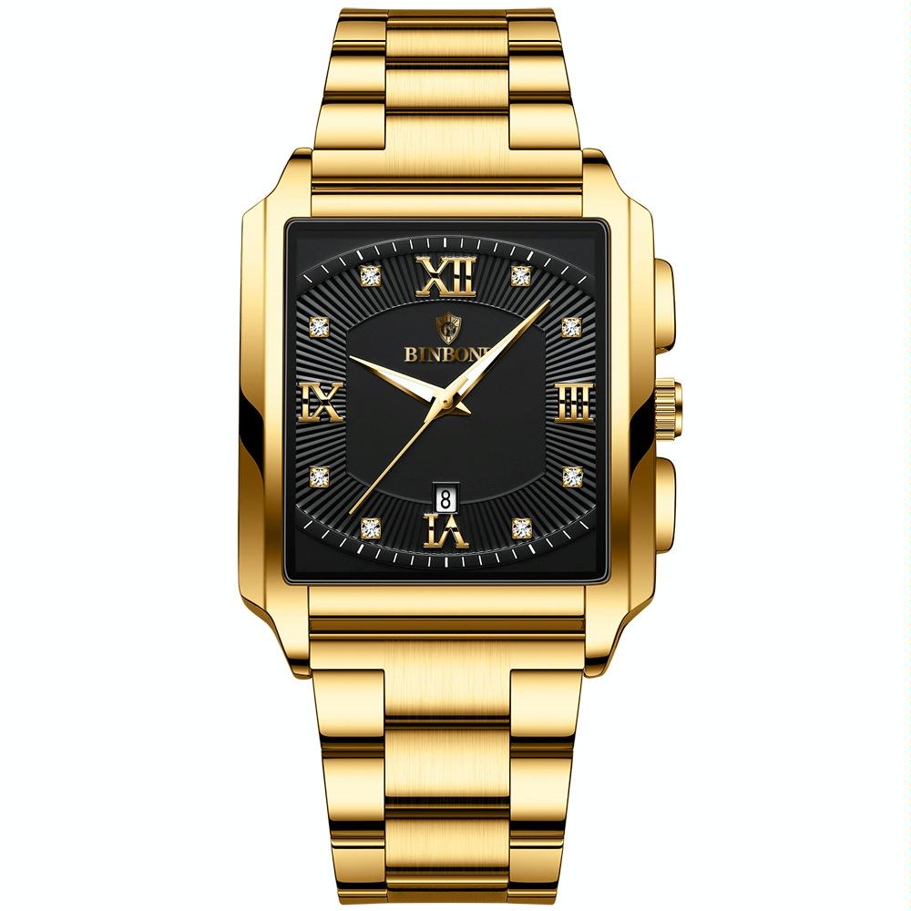 Waterproof Men Quartz Watch - Rectangular Outdoor Design - Black Leather-Full Gold-Gold