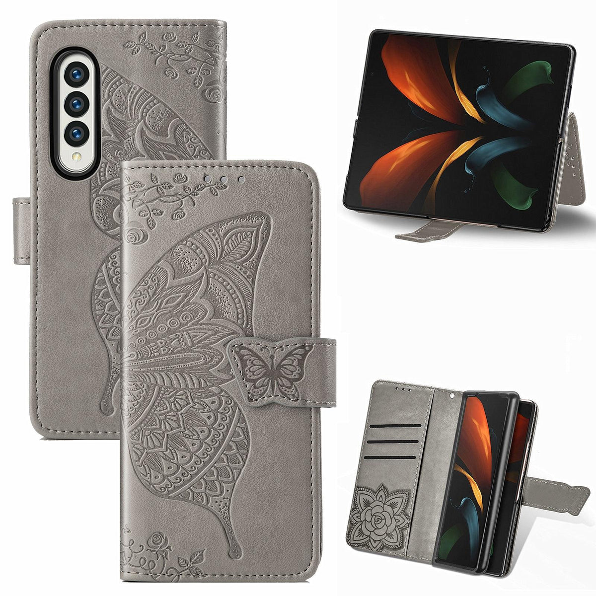 For Samsung Galaxy Z Fold4 5G Embossed Butterfly Love Leather Case - Flower Design - Gray