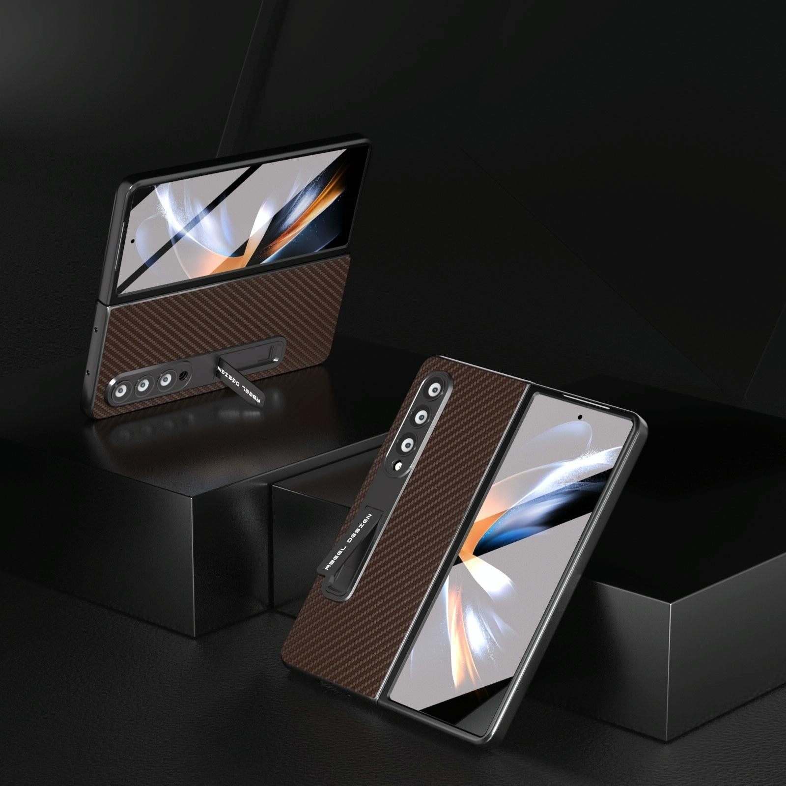 For Samsung Galaxy Z Fold4 5G Carbon Fiber Phone Case With Holder - Black