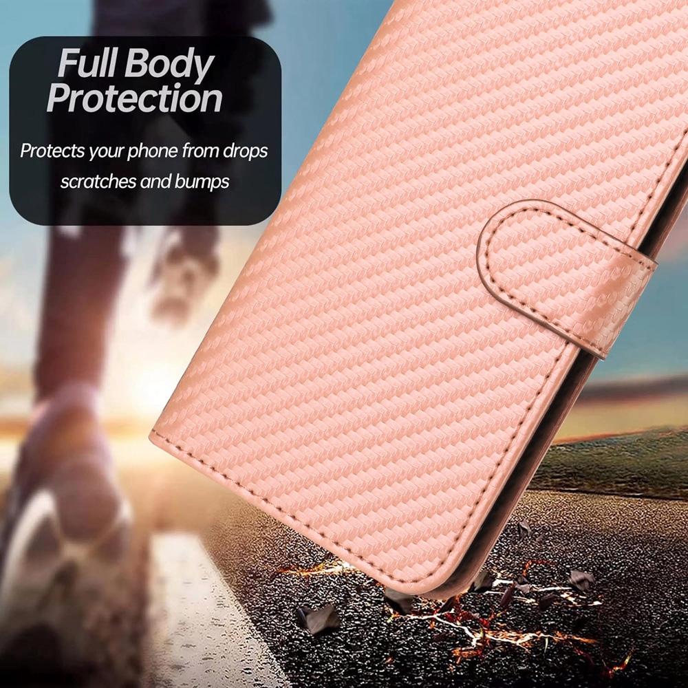 For Samsung Galaxy Z Fold4 5G Carbon Fiber Leather Phone Case With Lanyard - Pink