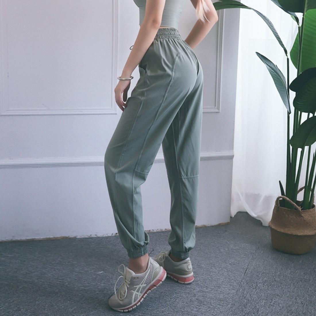 High Waist Drawstring Fitness Pants Black Size L - Water Moss Colour M