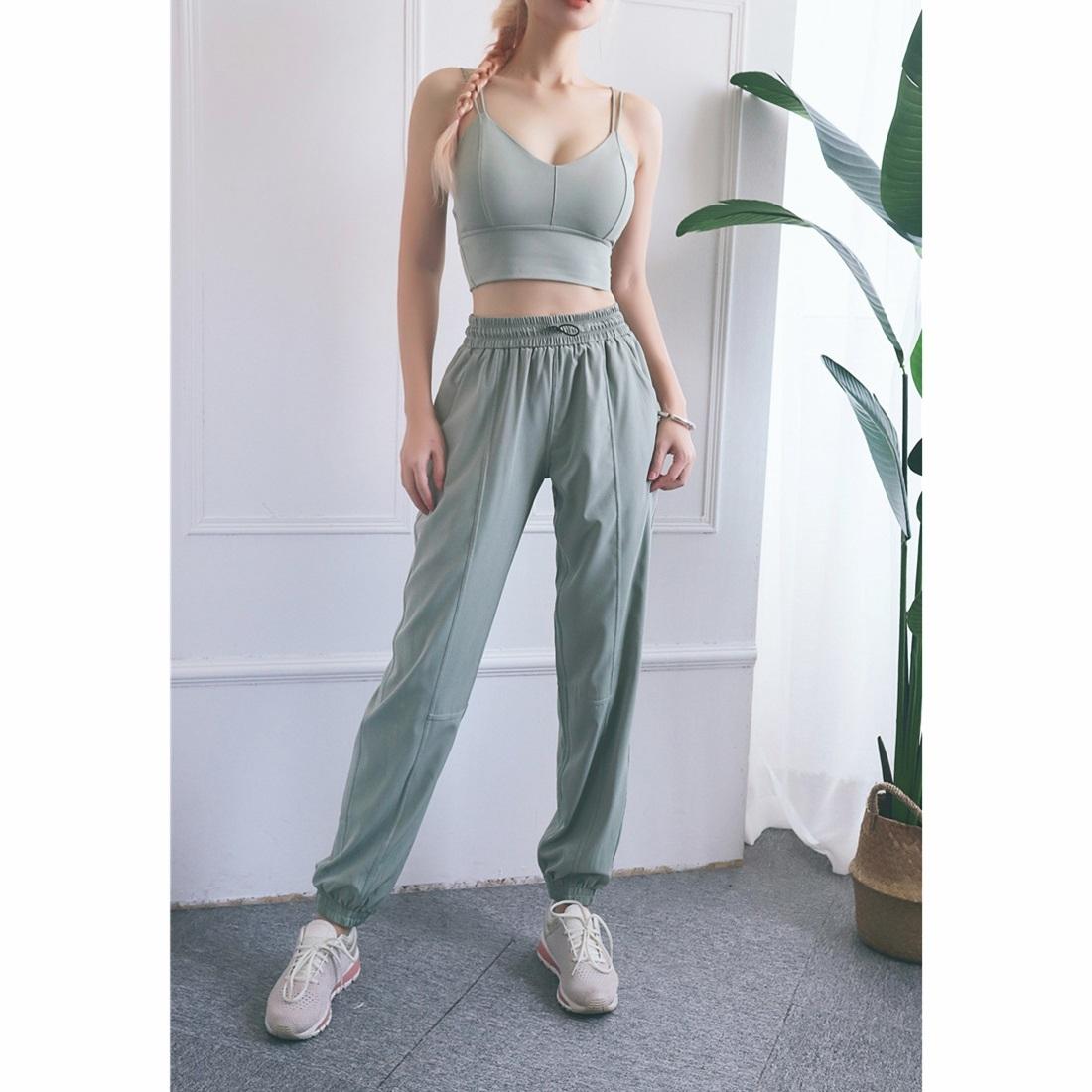 High Waist Drawstring Fitness Pants Black Size L - Water Moss Colour M