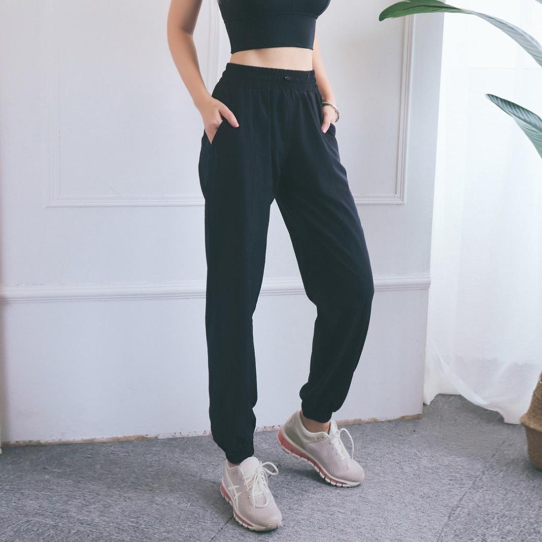 High Waist Drawstring Fitness Pants Black Size L - Water Moss Colour M