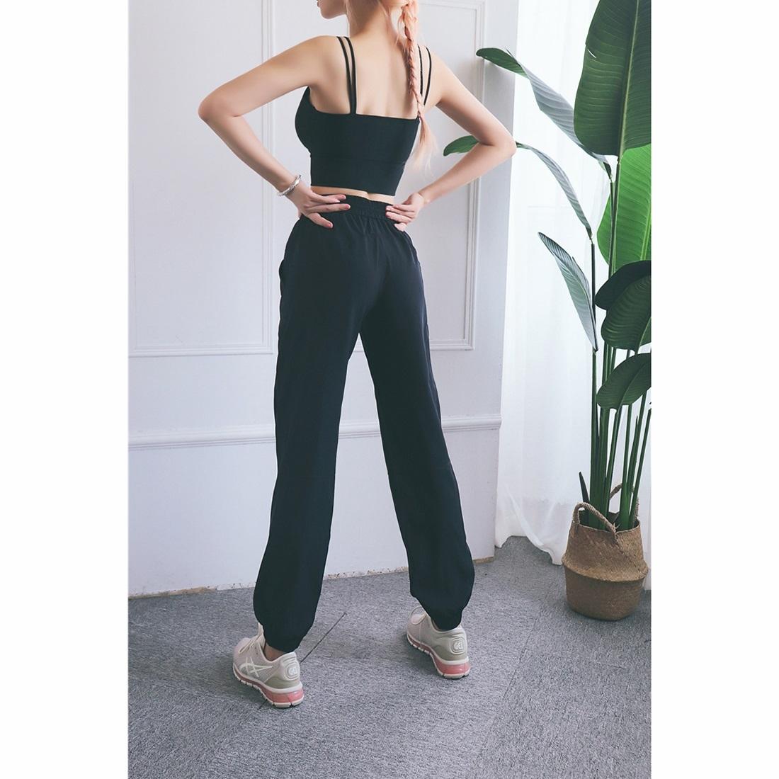 High Waist Drawstring Fitness Pants Black Size L - Water Moss Colour M