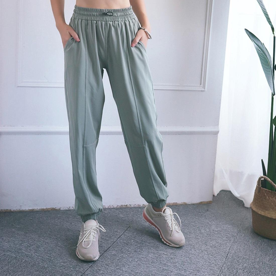 High Waist Drawstring Fitness Pants Black Size L - Water Moss Colour M