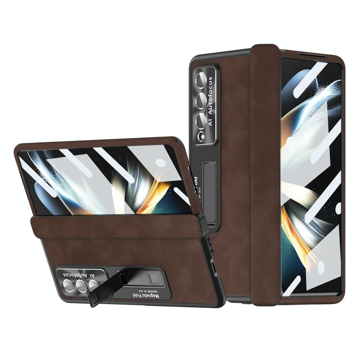 For Samsung Galaxy Z Fold4 5G Magnetic Phone Case - Napa Pattern - Brown