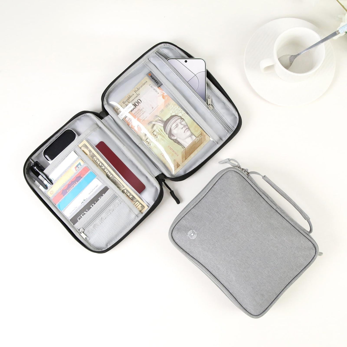 Passport Wallet With Handle Document Organizer & Card Holder - Grey