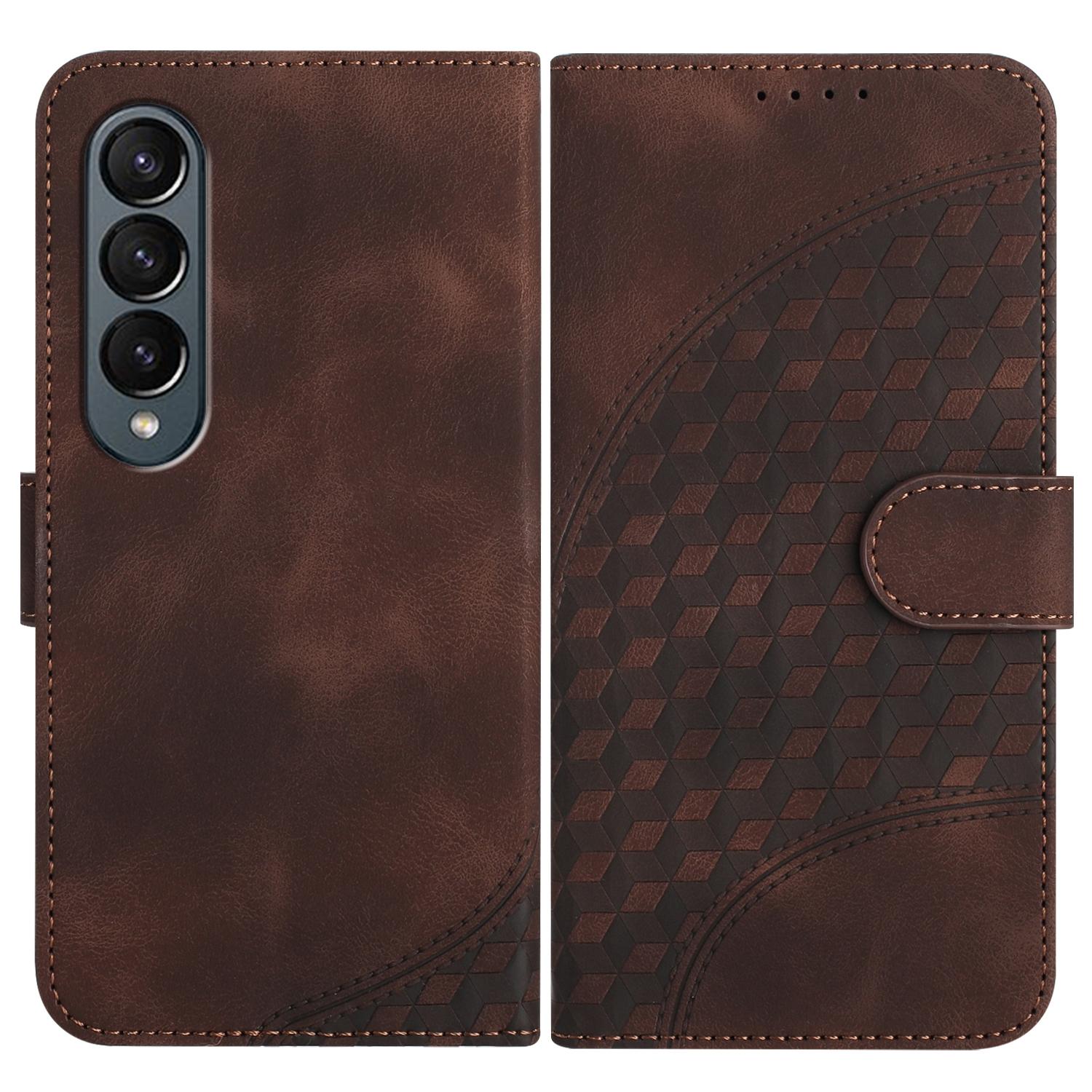 For Samsung Galaxy Z Fold4 5G Embossed Elephant Head Phone Case With Lanyard - Coffee