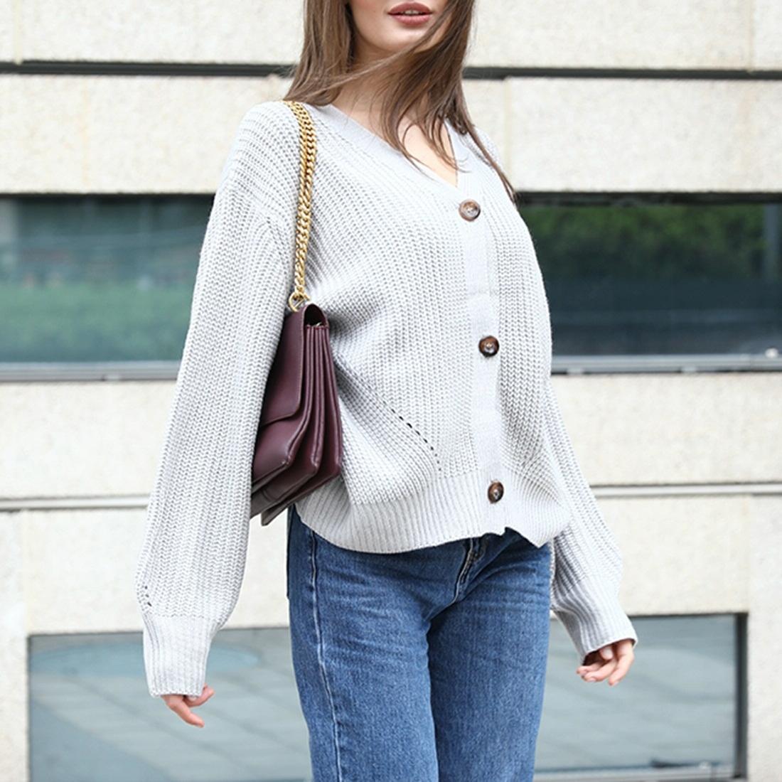 Fashion Cardigan Solid Colour Knit Button Sweater Black - Grey Xl
