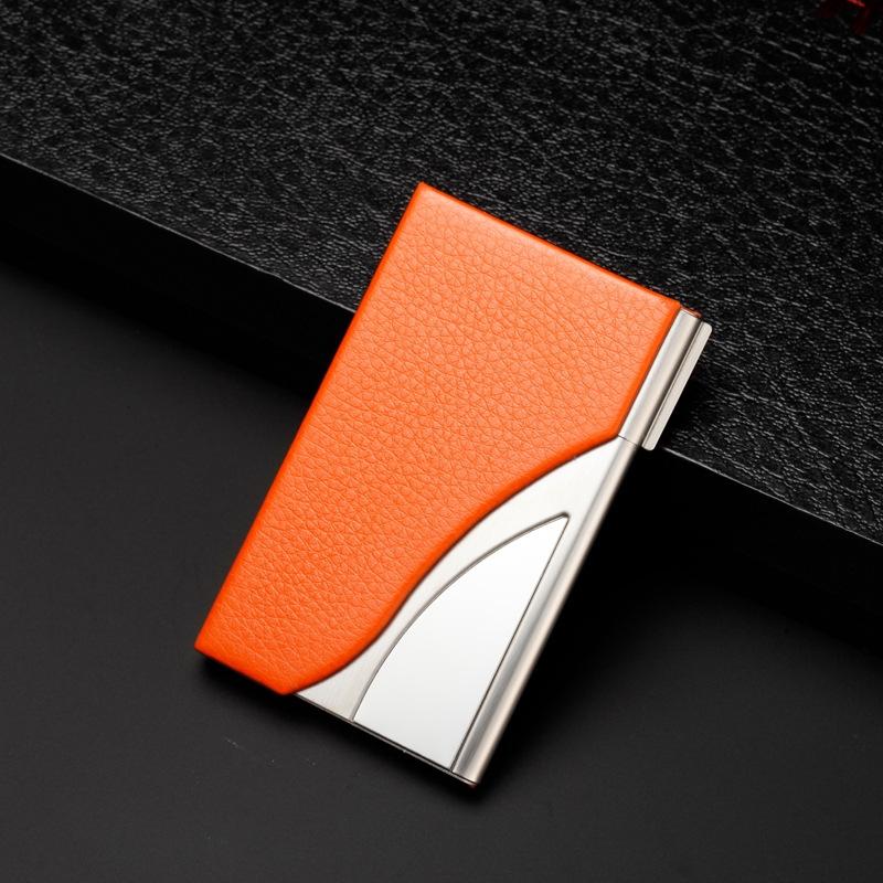 Stainless Steel Business Card Case Large Capacity - Litchi Orange