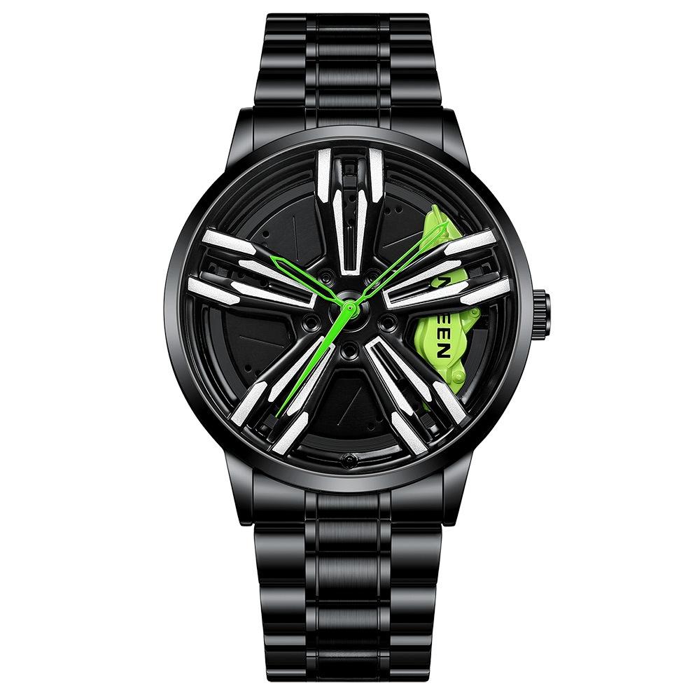 Men Metal Motorcycle Watch with Rotating Hub - Black Leather Black Steel Red Surface