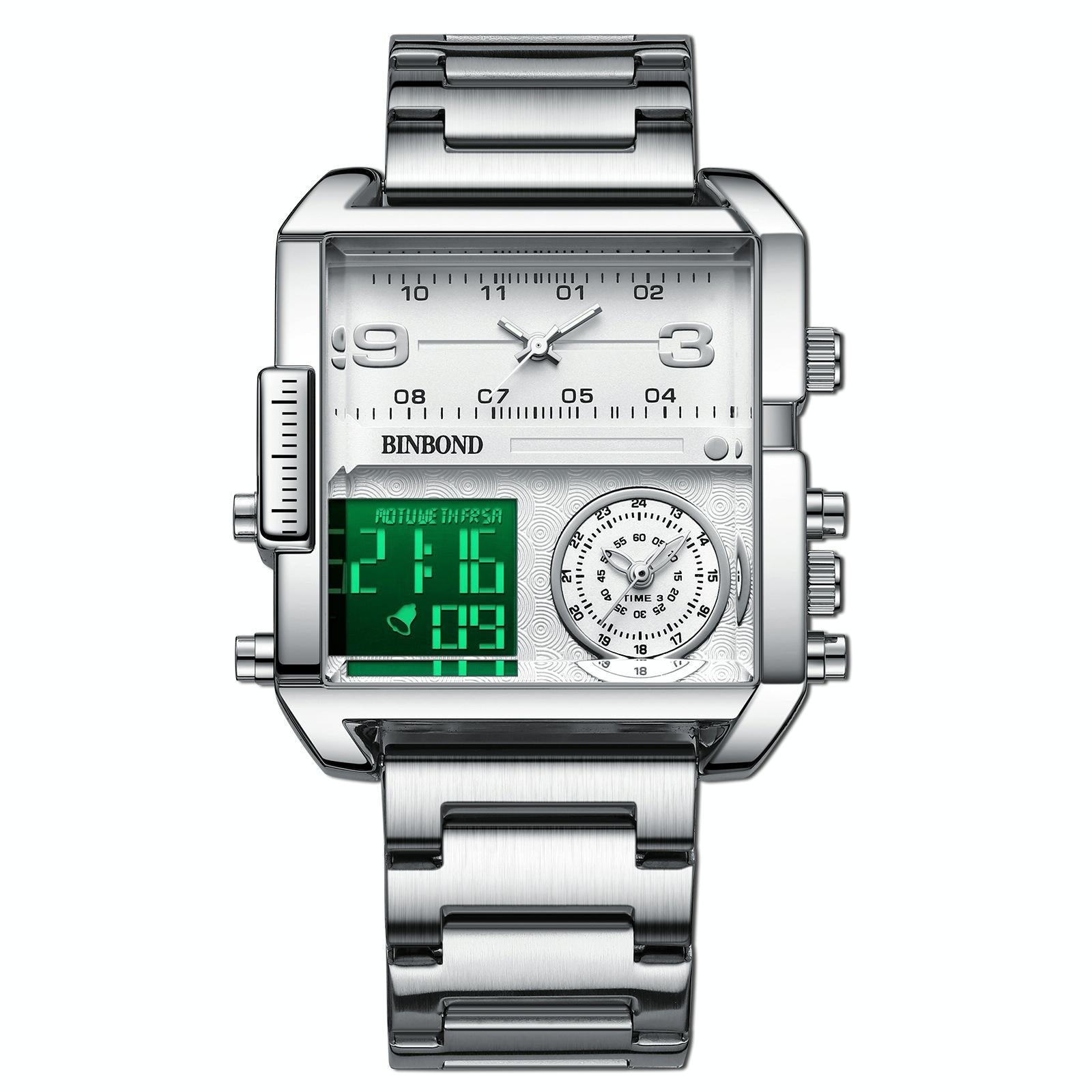 Waterproof Square Multifunctional Sports Quartz Watch - White Steel-White