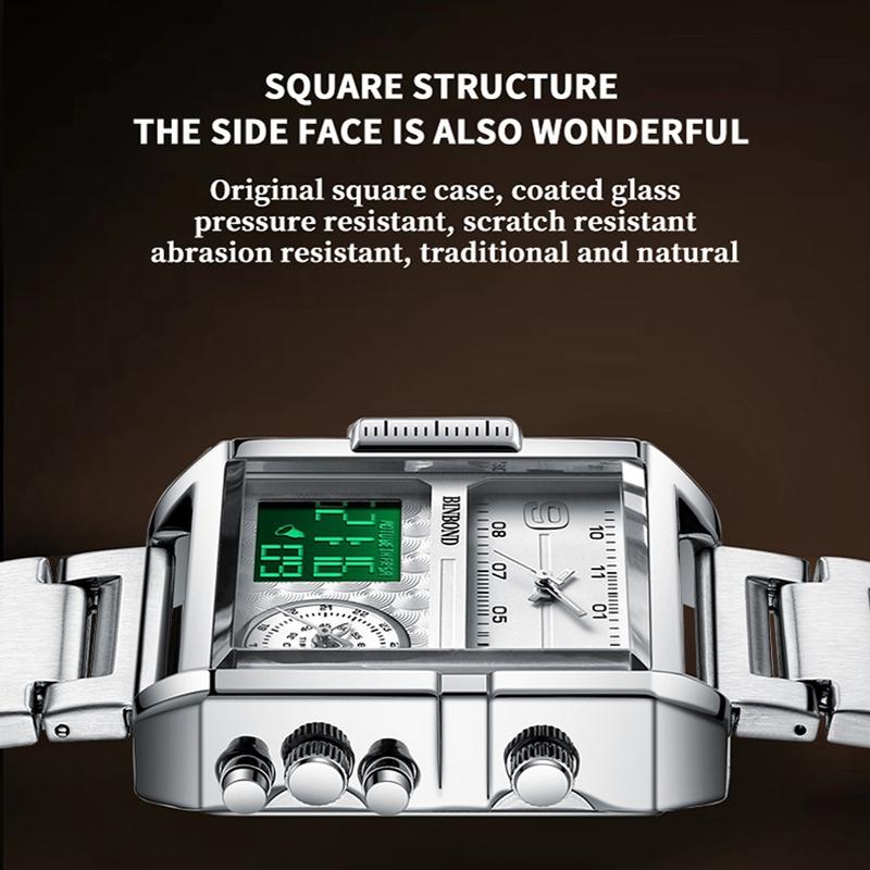 Waterproof Square Multifunctional Sports Quartz Watch - White Steel-White