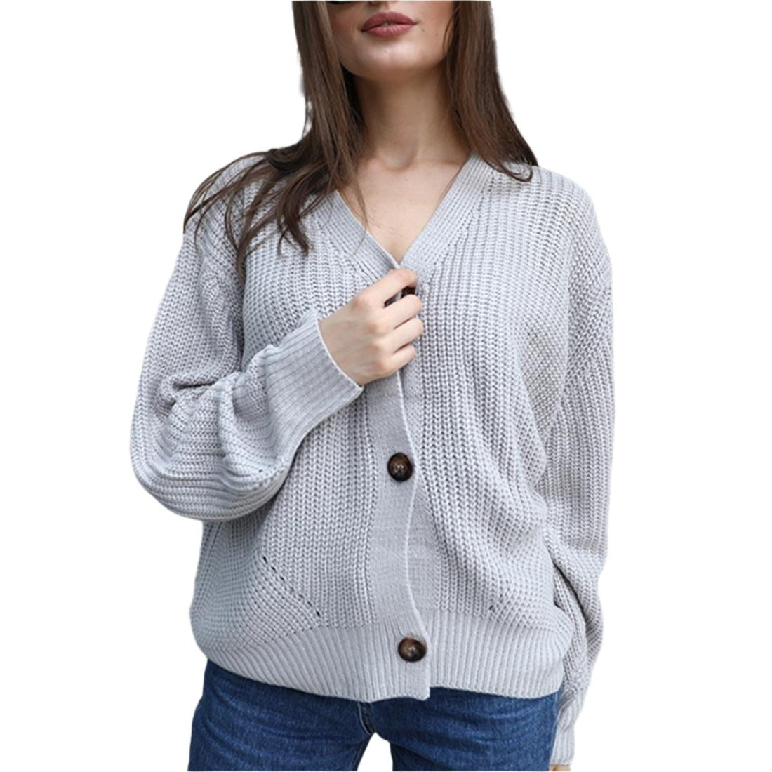 Fashion Cardigan Solid Colour Knit Button Sweater Black - White S
