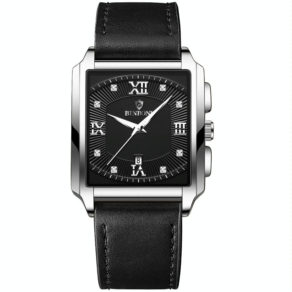 Waterproof Men Quartz Watch - Rectangular Outdoor Design - Black Leather-White Steel