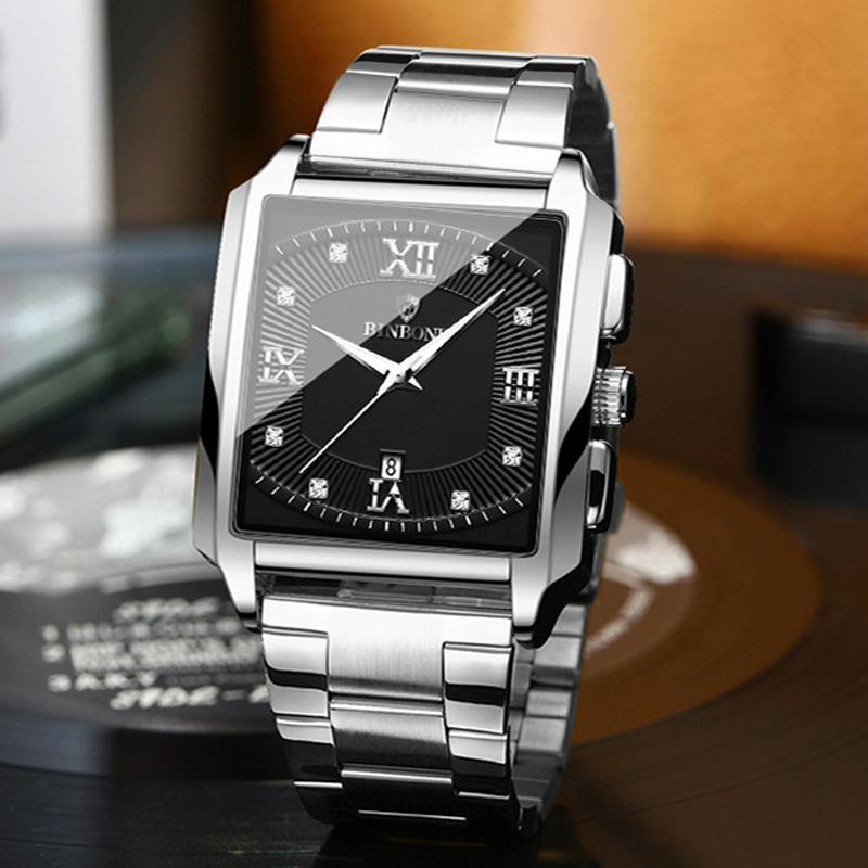 Waterproof Men Quartz Watch - Rectangular Outdoor Design - Black Leather-White Steel