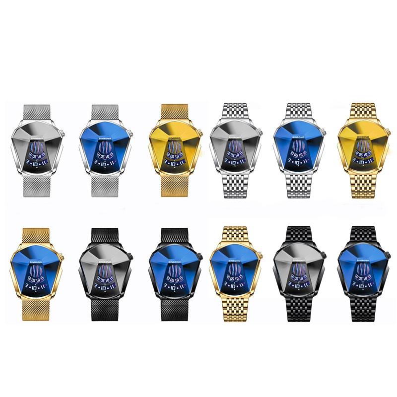 Men Diamond Dial Quartz Watch - Locomotive Concept - Gold Net Full Gold Blue Surface