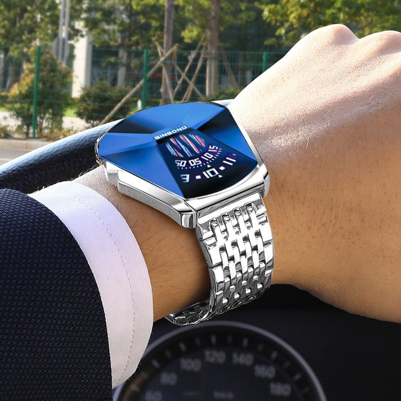 Men Diamond Dial Quartz Watch - Locomotive Concept - Gold Net Full Gold Blue Surface