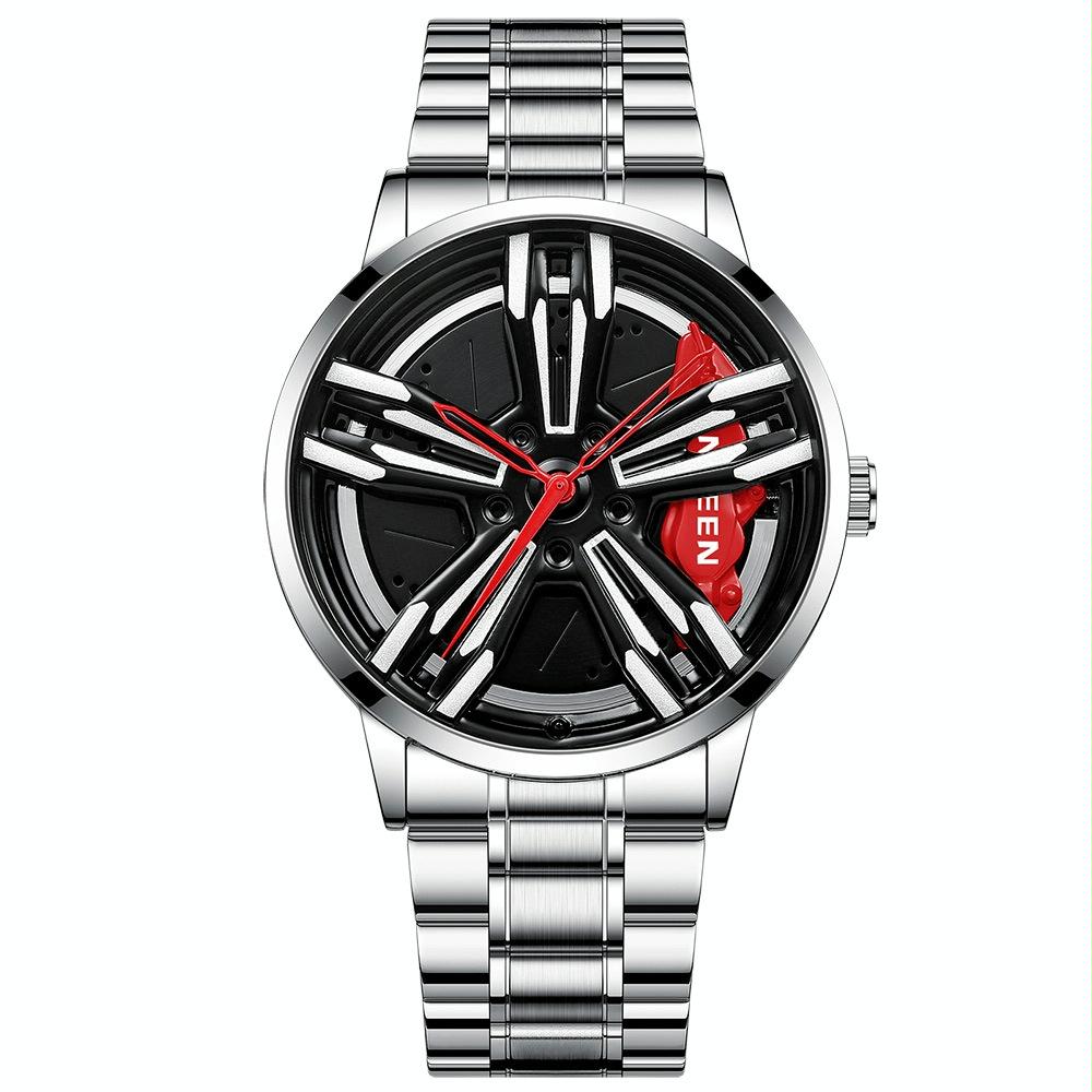 Men Metal Motorcycle Watch with Rotating Hub - Black Leather White Steel Red Surface