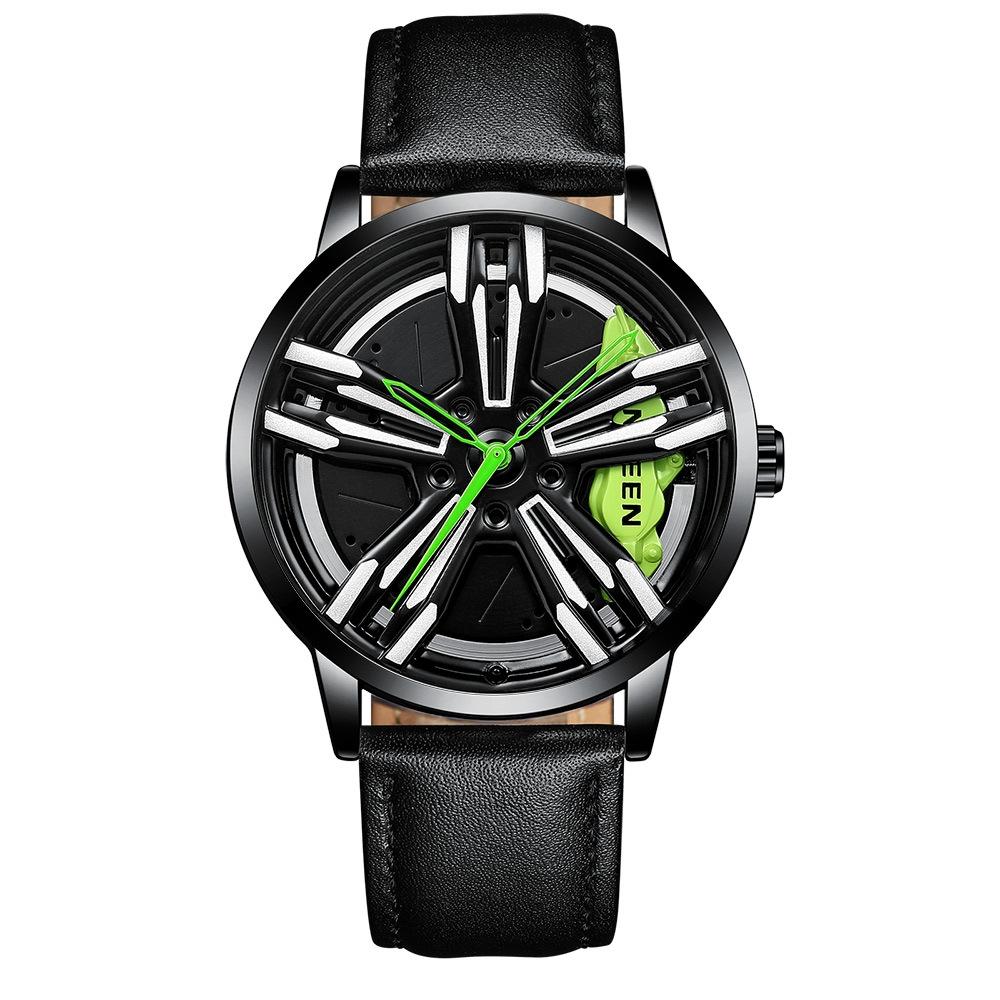 Men Metal Motorcycle Watch with Rotating Hub - Black Leather White Steel Red Surface