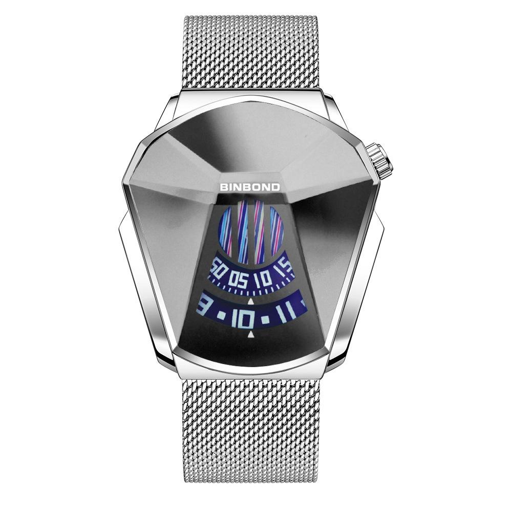 Men Diamond Dial Quartz Watch - Locomotive Concept - Black Mash Black Steel Blue Surface