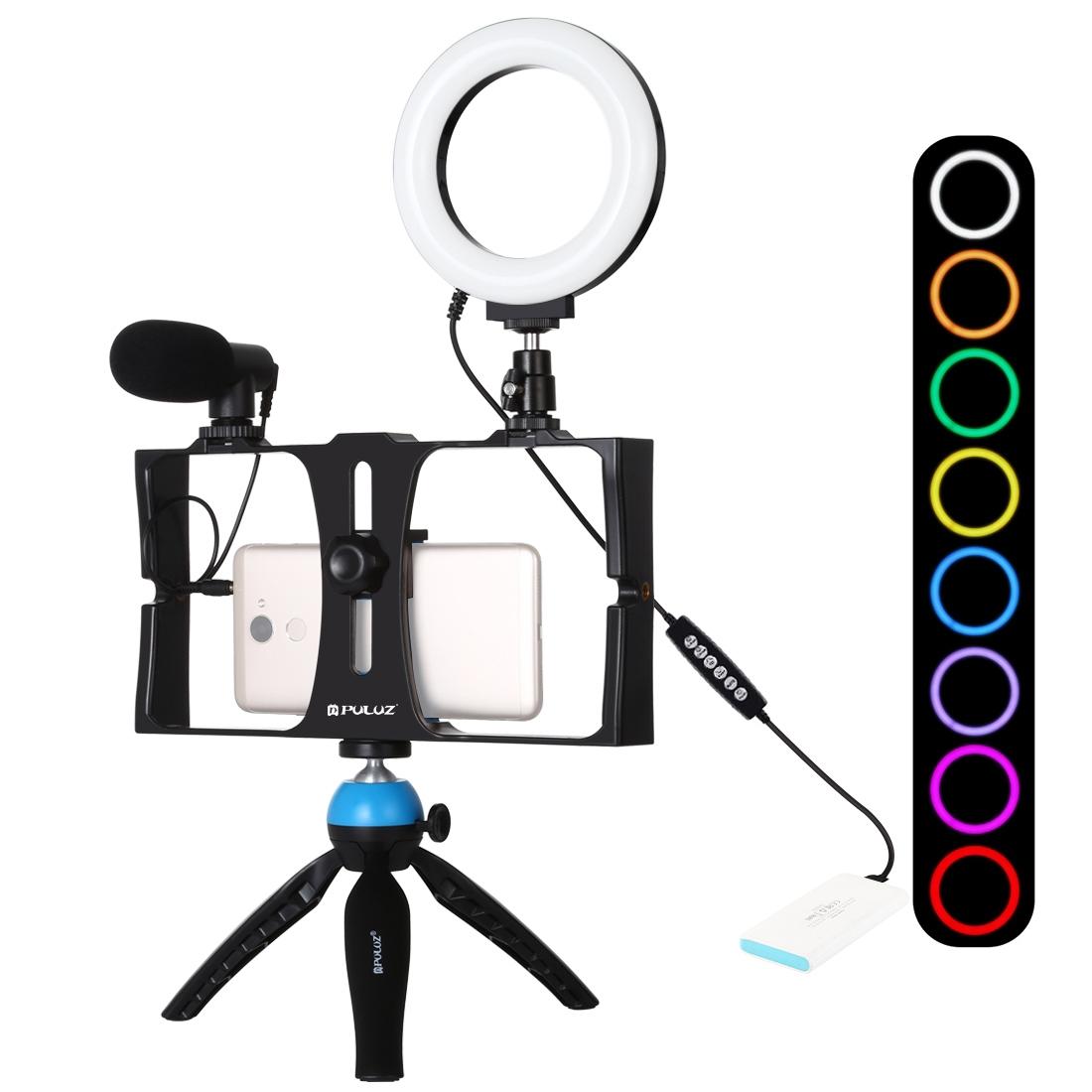 Vlogging Live Broadcast Smartphone Video Rig With 4.7 Inch Rgbw Ring Led Selfie Light Microphone And Pocket Tripod Mount Kit - Blue