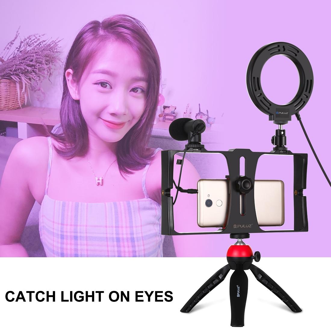 Vlogging Live Broadcast Smartphone Video Rig With 4.7 Inch Rgbw Ring Led Selfie Light Microphone And Pocket Tripod Mount Kit - Blue