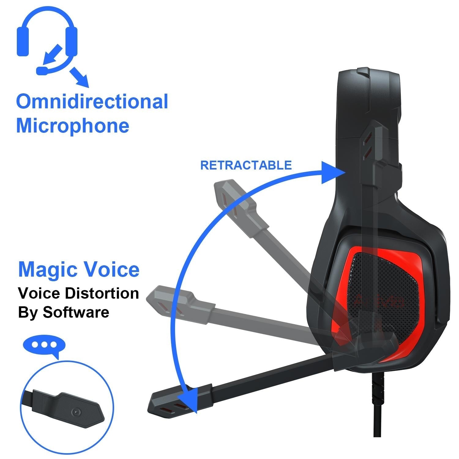 Retractable Mic Gaming Headset 3.5Mm Plug 2.2M Cable - Black Blue