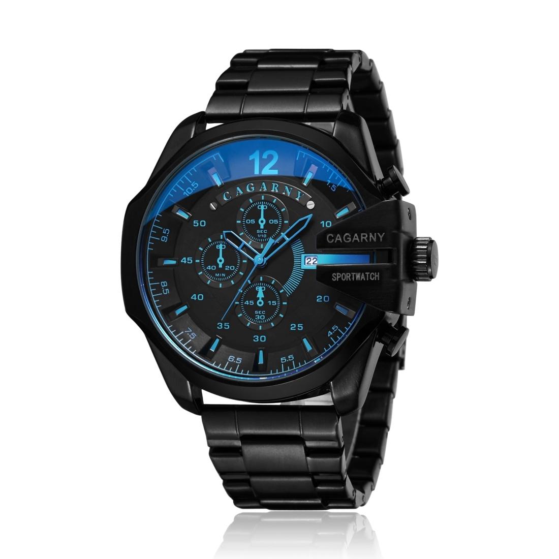 Men Stainless Steel Sports Watch with Large Dial - Black & Blue