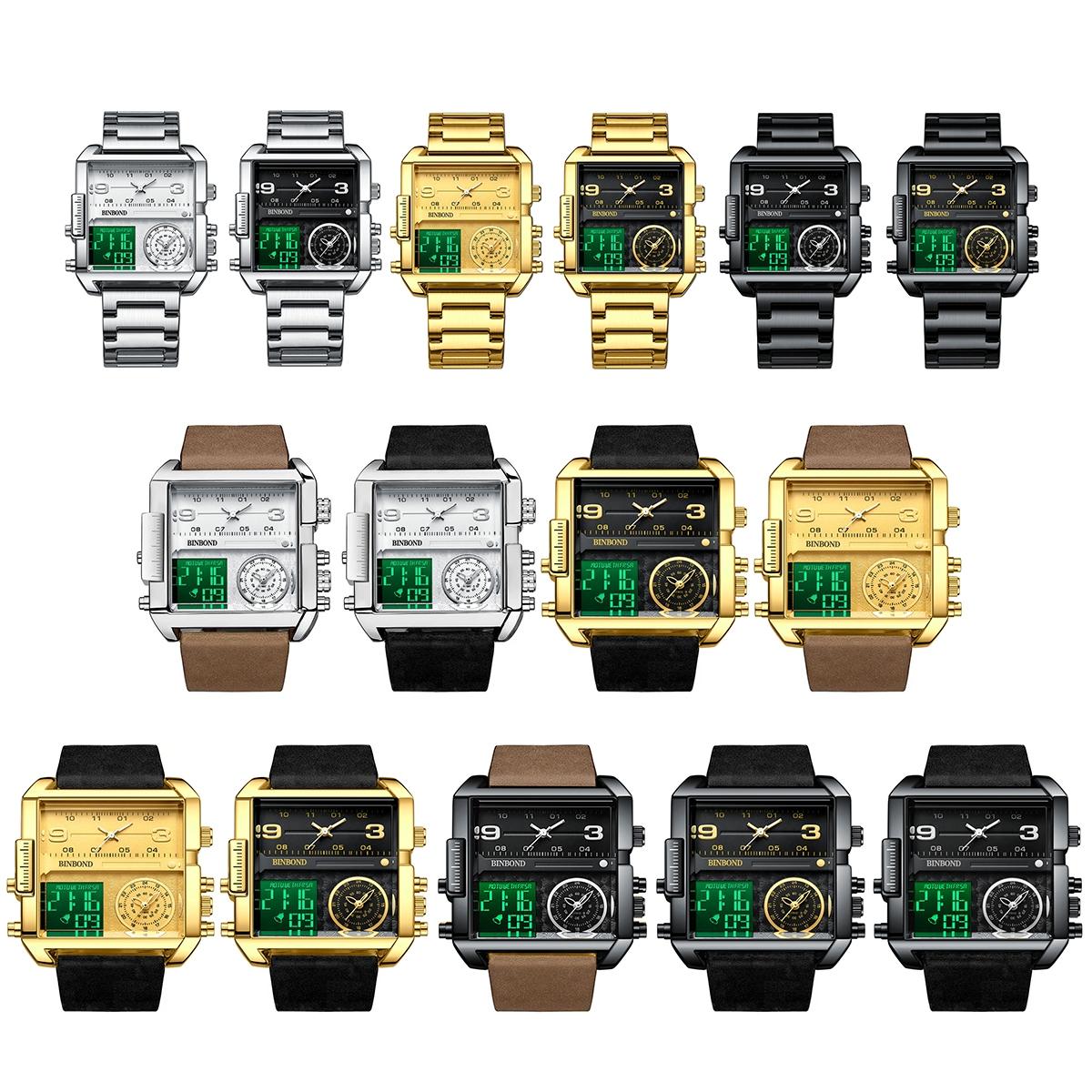 Waterproof Square Multifunctional Sports Quartz Watch - Black Steel-Black-White
