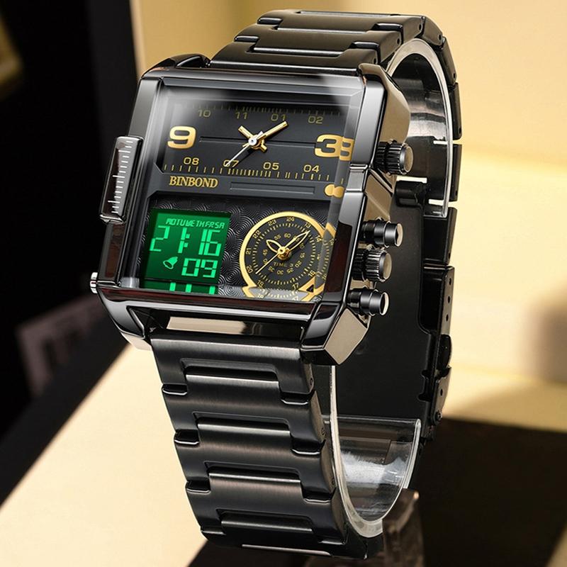 Waterproof Square Multifunctional Sports Quartz Watch - Black Steel-Black-White