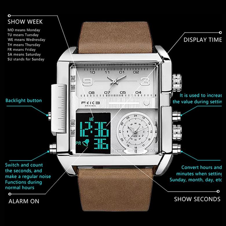 Waterproof Square Multifunctional Sports Quartz Watch - Black Steel-Black-White