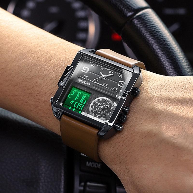 Waterproof Square Multifunctional Sports Quartz Watch - Black Steel-Black-White