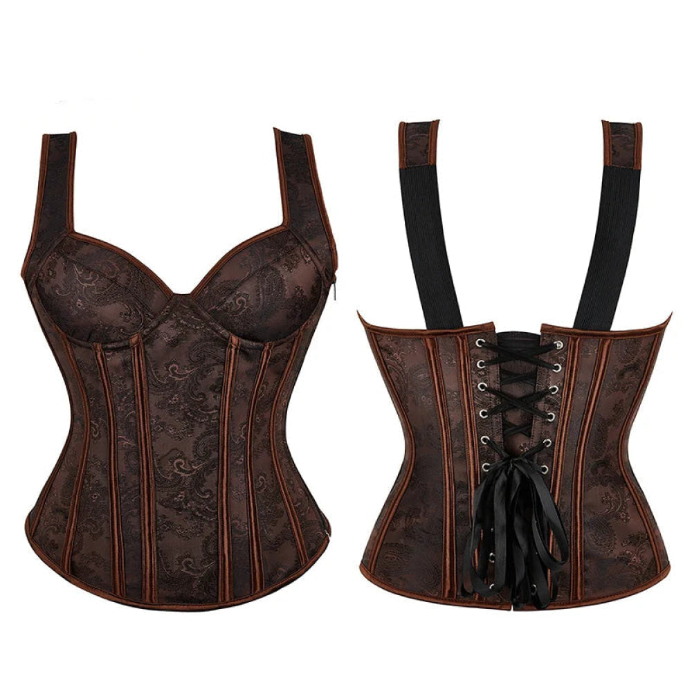 Black Retro Steampunk Padded Corset &amp; Bustier Side Zipper Plus Size - Brown - Xs