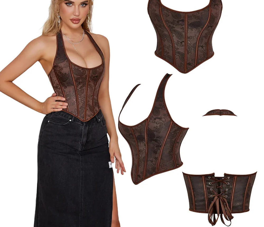 Steampunk Chest Binder Bustier Halter Corset Top For Women Plus Size Retro Corselet - 767 Black - S